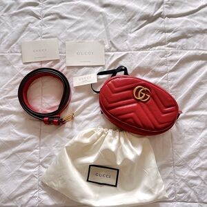 Gucci Red and Gold Belt Bag with Chevron Quilting belt sz 85